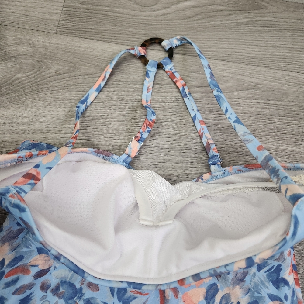 FREELY Blue Orange Swimsuit Size S Floral Ring Back One Piece Wild Flower Wired - Picture 16 of 16